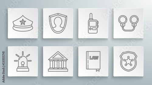 Set line Flasher siren, User protection, Courthouse building, Law book, Police badge, Walkie talkie, Handcuffs and cap with cockade icon. Vector