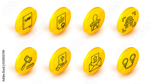 Set line Handcuffs, The arrest warrant, Oath on the Holy Bible, Judge gavel, Fingerprint, Stage stand or debate podium rostrum, Certificate template and Law book icon. Vector