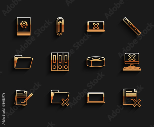 Set line Blank notebook and pencil with eraser, Delete folder, User manual, Laptop, file document, Office folders papers documents, Computer keyboard x mark and Scotch icon. Vector