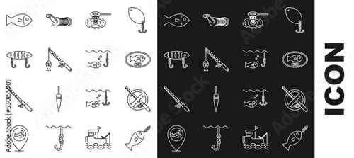Set line Fish on hook, No fishing, trophy hanging the board, Fishing net water, rod and, lure, and under with icon. Vector