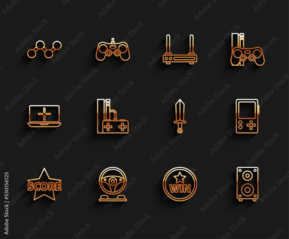Set line Star, Racing simulator cockpit, Share, Medal, Stereo speaker, Game console with joystick, Portable video game and Sword for icon. Vector Set line Star, Racing simulator cockpit, Share, Medal, Stereo speaker, Game console with joystick, Portable video game and Sword for icon. Vector