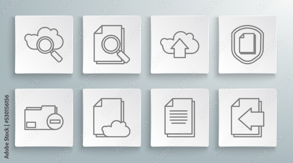 Set line Document folder with minus, search, Cloud storage text document, Next page arrow, upload, protection concept and Search cloud computing icon. Vector Set line Document folder with minus, search, Cloud storage text document, Next page arrow, upload, protection concept and Search cloud computing icon. Vector