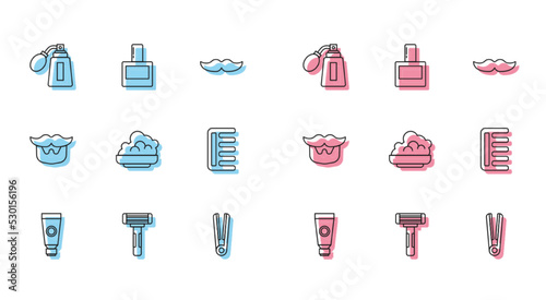 Set line Cream or lotion cosmetic tube, Shaving razor, Aftershave bottle with atomizer, Curling iron for hair, gel foam, Hairbrush, Mustache and beard and icon. Vector
