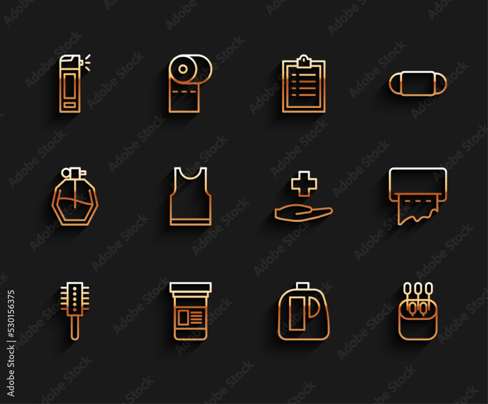 Set line Hairbrush, Medicine bottle, Bottle with nozzle spray, Bottles for cleaning agent, Cotton swab ears, Sleeveless T-shirt, Paper towel dispenser wall and Cross hospital medical icon. Vector Set line Hairbrush, Medicine bottle, Bottle with nozzle spray, Bottles for cleaning agent, Cotton swab ears, Sleeveless T-shirt, Paper towel dispenser wall and Cross hospital medical icon. Vector