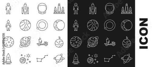 Set line Satellites orbiting the planet Earth, Moon with flag, Astronaut helmet, Falling stars, Alien and icon. Vector