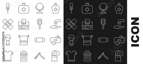 Set line Toilet paper roll, Bar of soap, Washing hands with, Round makeup mirror, Wet wipe pack, Crossed bandage plaster, Sanitary tampon and Hairbrush icon. Vector