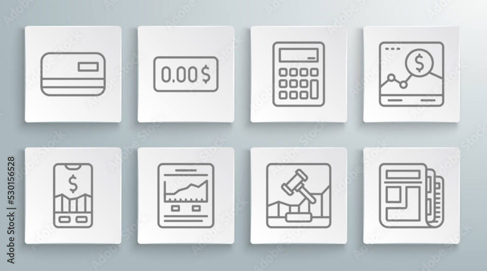 Set line Mobile stock trading, Zero cost, Website with growth graph, Online internet auction, Stock market news, Calculator, and Credit card icon. Vector Set line Mobile stock trading, Zero cost, Website with growth graph, Online internet auction, Stock market news, Calculator, and Credit card icon. Vector