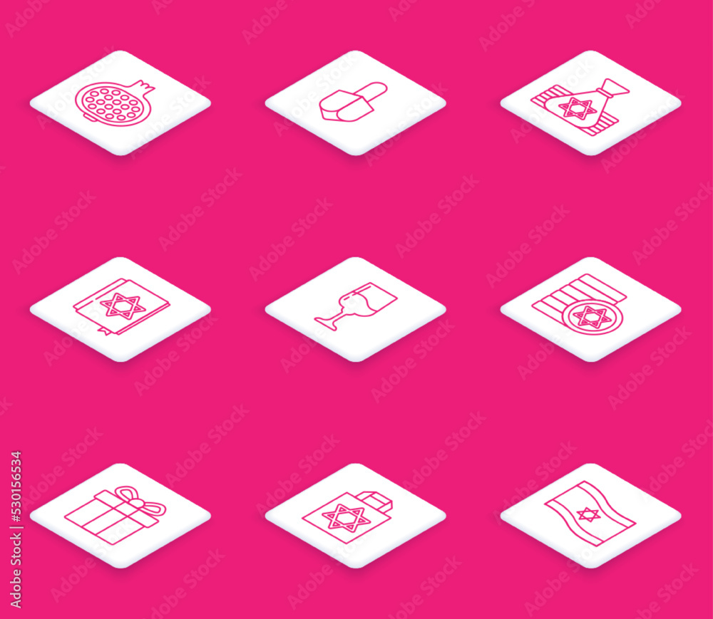 Set line Pomegranate, Hanukkah dreidel, Jewish money bag, torah book, goblet, coin, Gift box and Shopping with star of david icon. Vector Set line Pomegranate, Hanukkah dreidel, Jewish money bag, torah book, goblet, coin, Gift box and Shopping with star of david icon. Vector
