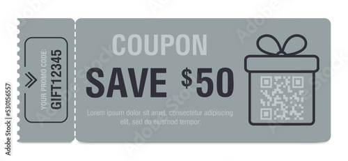 Gift cards vouchers with monetary reward in 50 dollars with simple linear gift box illustration, front and back isolated templates with qr code place