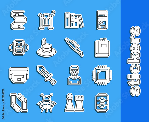 Set line Energy drink, Processor with CPU, Book, Man hat, School backpack, and Fountain pen nib icon. Vector