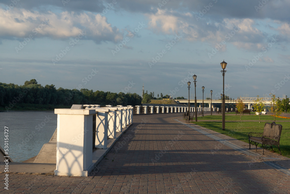 embankment of the city in autumn view of the Gomel River Belarus.