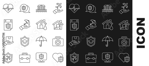 Set line Life insurance with shield, First aid kit, House, flood, Umbrella hand, Calendar, and icon. Vector