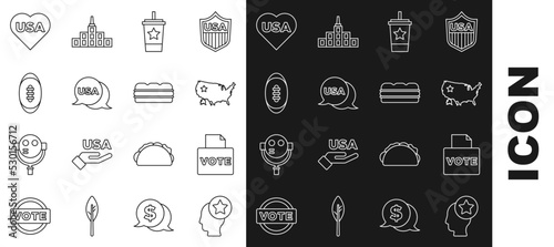 Set line USA Head, Vote box, map, Paper glass with straw, Independence day, American Football ball, and Sandwich icon. Vector