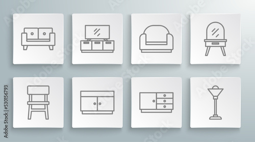 Set line Chair, TV table stand, Chest of drawers, Floor lamp, Armchair, Dressing and Sofa icon. Vector