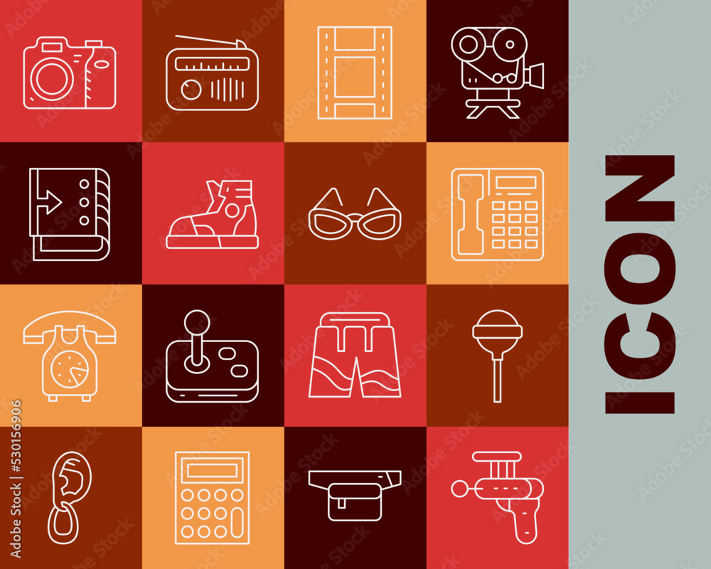 Set line Ray gun, Lollipop, Telephone handset, Play Video, Sport sneakers, Sound mixer controller, Photo camera and Glasses icon. Vector Set line Ray gun, Lollipop, Telephone handset, Play Video, Sport sneakers, Sound mixer controller, Photo camera and Glasses icon. Vector