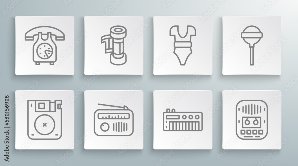 Set line Floppy disk, Camera roll cartridge, Radio with antenna, Music synthesizer, Cassette tape player, Swimsuit, Lollipop and Telephone handset icon. Vector