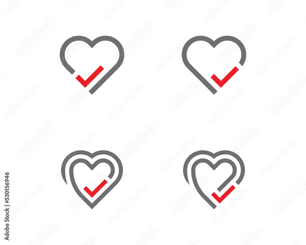 Heart Check Mark logo Concept icon sign symbol Design Element Line Art Style. Love, Health Care, Medical, Tick Logotype. Vector illustration template Heart Check Mark logo Concept icon sign symbol Design Element Line Art Style. Love, Health Care, Medical, Tick Logotype. Vector illustration template