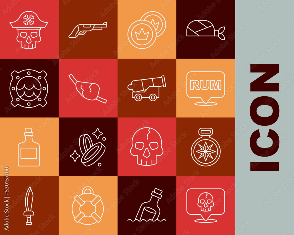 Set line Skull, Compass, Alcohol drink Rum, Pirate coin, eye patch, Ship porthole with seascape, captain and Cannon icon. Vector Set line Skull, Compass, Alcohol drink Rum, Pirate coin, eye patch, Ship porthole with seascape, captain and Cannon icon. Vector