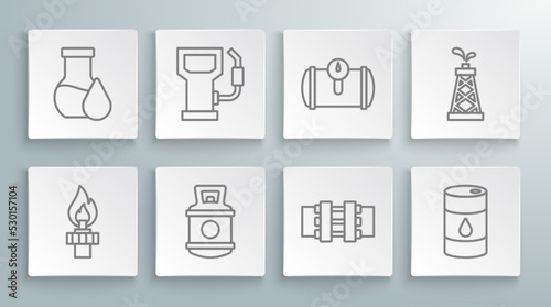Set line Oil rig with fire, Petrol or gas station, Propane tank, Metallic pipes and valve, Barrel oil, Gas for vehicle, and petrol test tube icon. Vector
