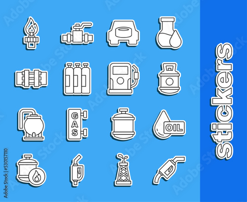 Set line Gasoline pump nozzle, Oil drop, Propane gas tank, Spare wheel the car, Industrial cylinder, Metallic pipes and valve, rig with fire and Petrol or station icon. Vector