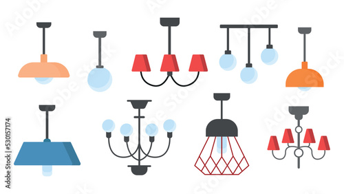Set of colorful chandeliers in cartoon style. Vector illustration of furniture for home and office interiors on white background.