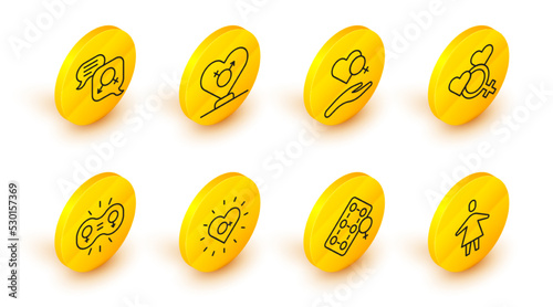 Set line Female, Packaging of birth control pills, Feminism, Gender equality, gender, Heart with female, and icon. Vector
