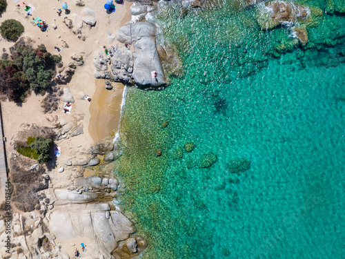 Aerial top view of the beautiful beach at Agia Anna with emerald sea and fine, sandy beach, Naxos island, Cyclades, Greece photo