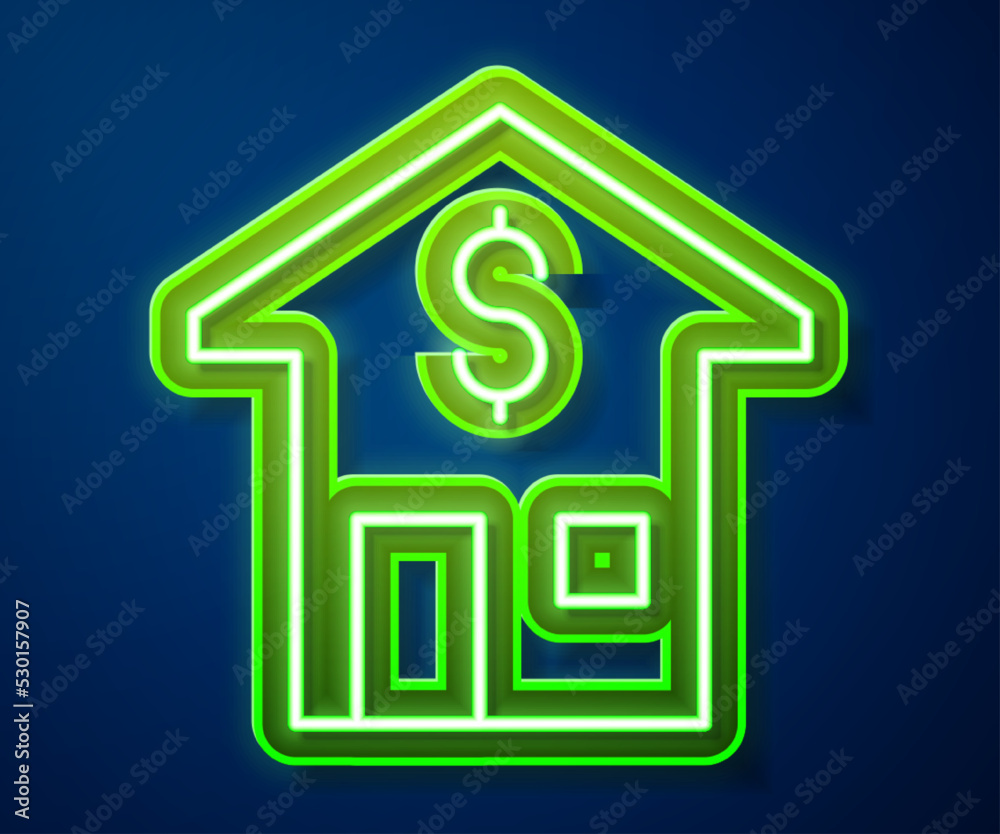 Glowing neon line House with dollar symbol icon isolated on blue background. Home and money. Real estate concept. Vector Glowing neon line House with dollar symbol icon isolated on blue background. Home and money. Real estate concept. Vector