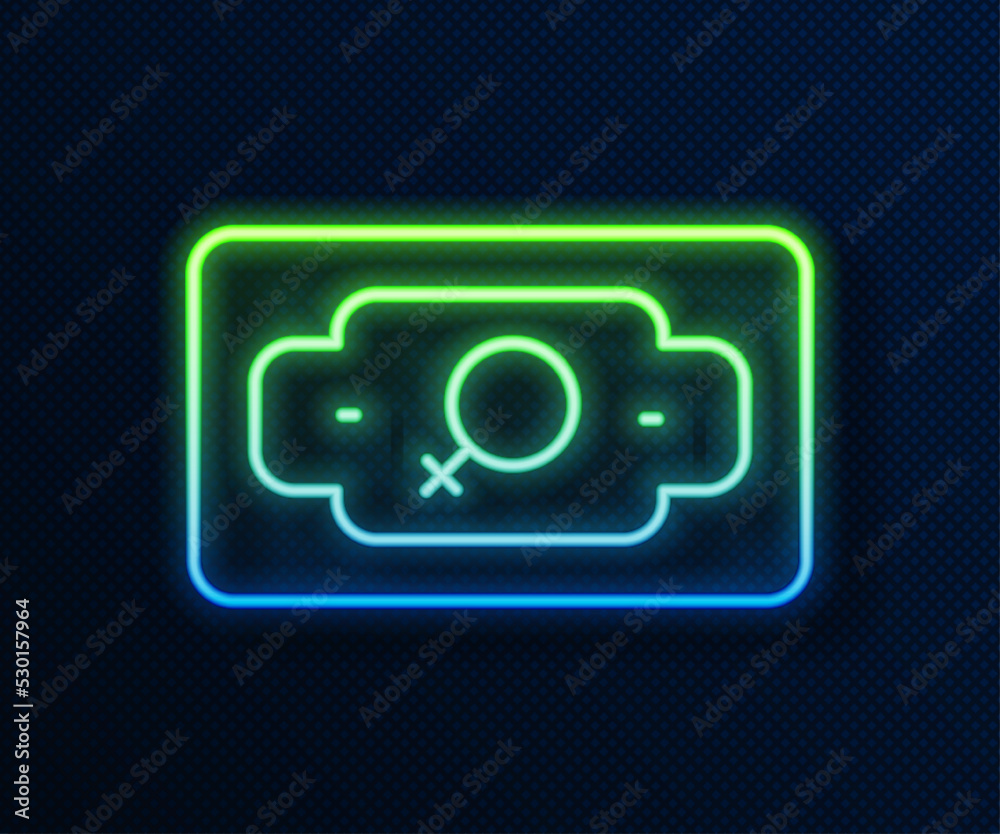 Glowing neon line Money growth woman icon isolated on blue background. Income concept. Business growth. Investing, savings and managing money concept. Vector Glowing neon line Money growth woman icon isolated on blue background. Income concept. Business growth. Investing, savings and managing money concept. Vector