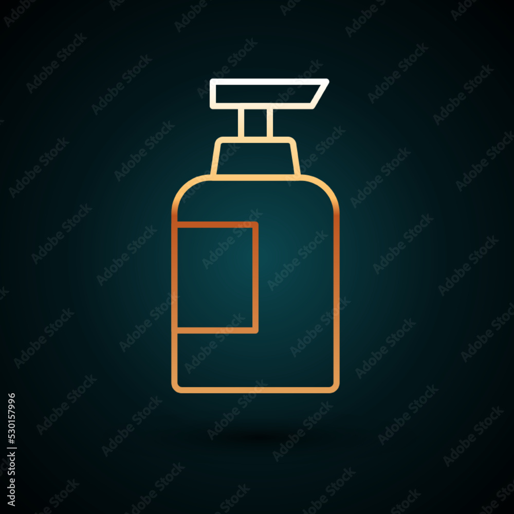 Gold line Bottle of shampoo icon isolated on dark blue background. Vector Gold line Bottle of shampoo icon isolated on dark blue background. Vector