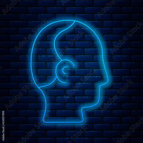 Glowing neon line Baldness icon isolated on brick wall background. Alopecia. Vector
