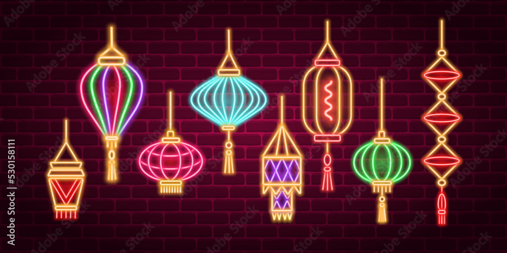 Stock vector Chinese lantern neon icon set vector illustration