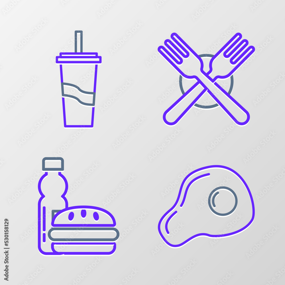 Set line Scrambled eggs, Bottle of water and burger, Crossed fork and Paper glass with drinking straw icon. Vector Set line Scrambled eggs, Bottle of water and burger, Crossed fork and Paper glass with drinking straw icon. Vector