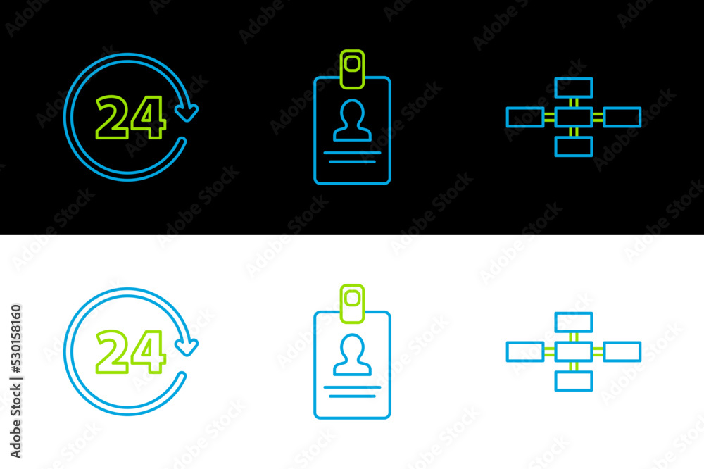 Set line Business hierarchy organogram chart infographics, Clock 24 hours and Identification badge icon. Vector Set line Business hierarchy organogram chart infographics, Clock 24 hours and Identification badge icon. Vector
