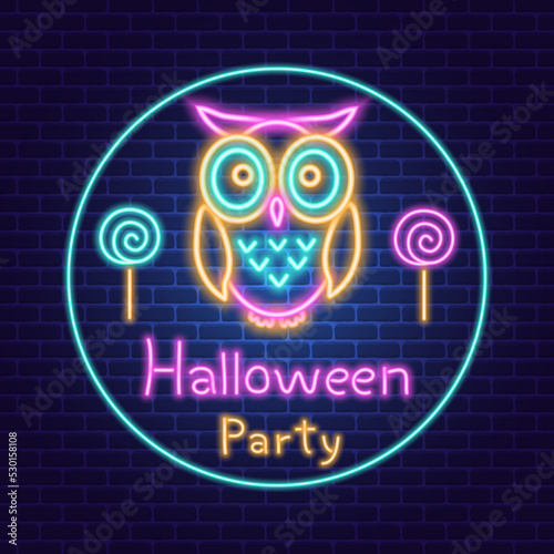 Halloween party neon sign with owl vector illustration