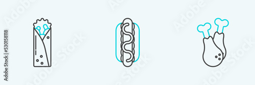 Set line Chicken leg, Doner kebab and Hotdog sandwich with mustard icon. Vector