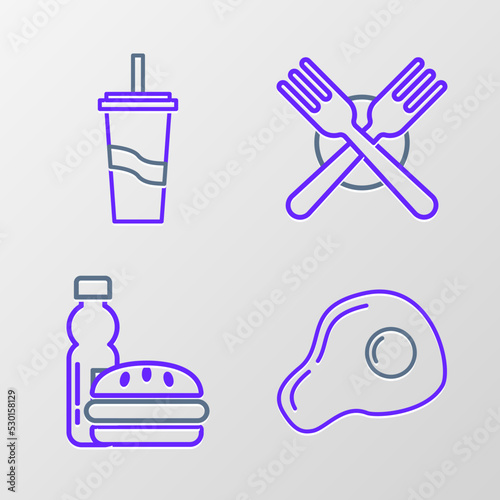 Set line Scrambled eggs, Bottle of water and burger, Crossed fork and Paper glass with drinking straw icon. Vector