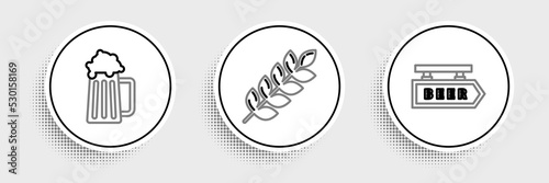 Set line Street signboard with inscription Beer, Wooden beer mug and Cereals set rice, wheat, corn, oats, rye, barley icon. Vector