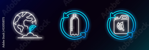 Set line Bio fuel canister, Earth globe and plant and Recycling plastic bottle icon. Glowing neon. Vector