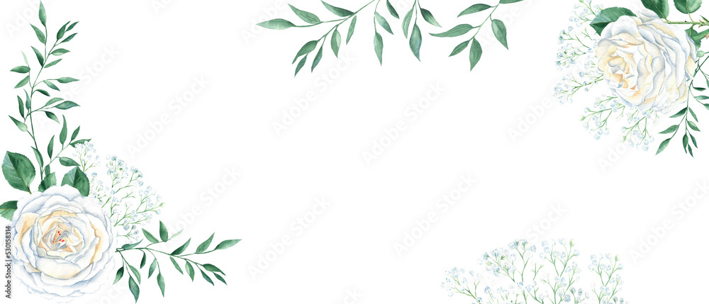 Rustic wedding watercolor banner. White creamy roses, gypsophila, greenery isolated on white background. Floral design frame. Can be used for cards, banners, blog templates.