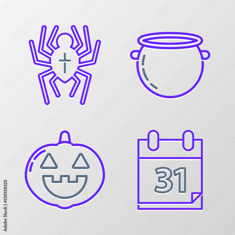 Set line Calendar with Halloween date 31 october, Pumpkin, witch cauldron and Spider icon. Vector Set line Calendar with Halloween date 31 october, Pumpkin, witch cauldron and Spider icon. Vector