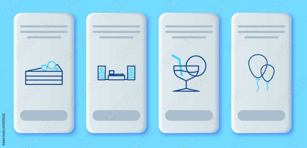 Set line Home stereo with two speakers, Martini glass, Cake and Balloons ribbon icon. Vector