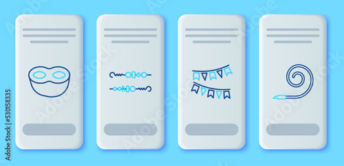 Set line Grilled shish kebab, Carnival garland with flags, Festive mask and Birthday party horn icon. Vector