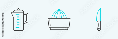 Set line Knife, Teapot and Citrus fruit juicer icon. Vector