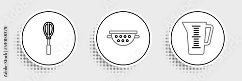 Set line Measuring cup, Kitchen whisk and colander icon. Vector