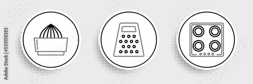 Set line Gas stove, Citrus fruit juicer and Grater icon. Vector