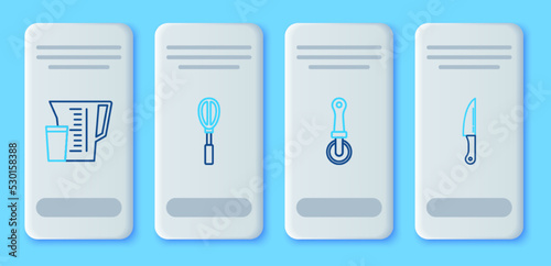 Set line Kitchen whisk, Pizza knife, Measuring cup and Knife icon. Vector