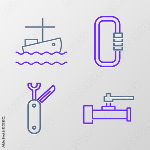 Set line Industry metallic pipes and valve, Swiss army knife, Carabiner and Fishing boat on water icon. Vector