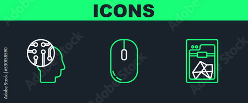 Set line 3D printer, Human brain as digital circuit board and Computer mouse icon. Vector