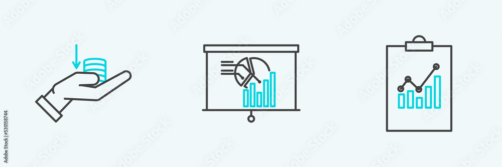 Set line Clipboard with graph chart, Money on hand and Board icon. Vector Set line Clipboard with graph chart, Money on hand and Board icon. Vector